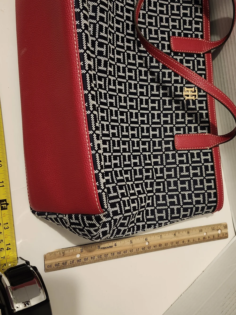 Tommy Hilfiger Beige and Navy Logo Tote with Black Trim